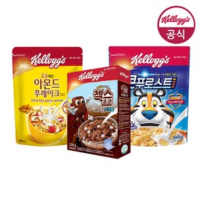 켈로그 시리얼3종 (콘푸로스트300g+오곡첵스초코스노우볼230g+아몬드푸레이크300g), 1세트