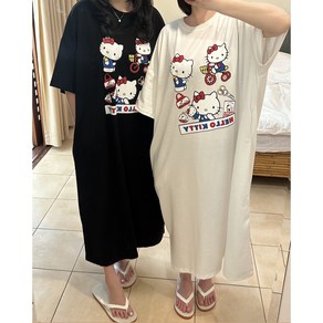 [고퀄/주머니O] 빅빅사이즈 큐트키티 반팔 롱원피스 꾸안꾸 마실룩 등하원룩 오버빗 루즈핏 박시핏 캐주얼 애니메이션 롱원피스