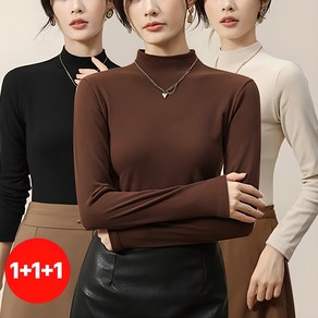 1+1+1(3종세트)스타일아유 가을 겨울 슬림 융단 따뜻한 무지 티셔츠 여성 하이넥 반폴라 이너 상의 긴팔티 TS2209