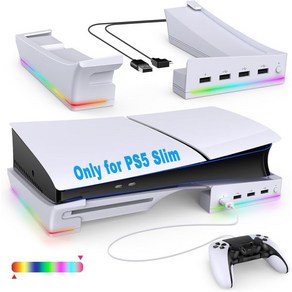 새로운 PS5 슬림 콘솔용 RGB LED 라이트가 포함된 수평 스탠드 14개의 라이트 모드와 4포트 USB 포트가 홀더 액세서리 플레이스테이션 5 디스크 및 디지털 에디션용 미, 1개, Black