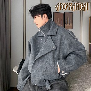 AOKADA 모직 남성용 겨울 cleanfit 짧은 재킷 어깨 패드 아웃라인 더블 칼라 외투 자켓