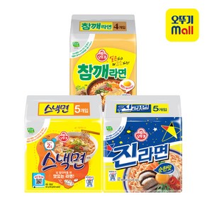 오뚜기 스낵면멀티팩1개+진라면순한맛멀티팩1개+참깨라면멀티팩1개