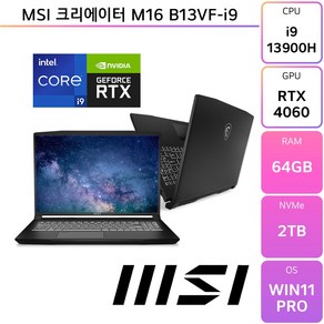 MSI 크리에이터 M16 B13VF-i9, WIN11 Po, 64GB, 2TB, 블랙