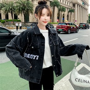 besteffie 고급 스트릿 여성 봄 가을 루즈핏 데님 재킷 참신한 프린트 캐주얼 레터링 프린팅 빈티지 외투 K12