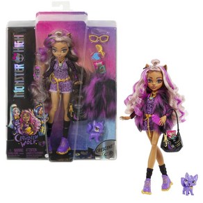 Monste High Clawdeen 늑대 패션 인형 보라색 줄무늬 머리카락 시그니처 룩 액세서리 및 애완견 미디엄