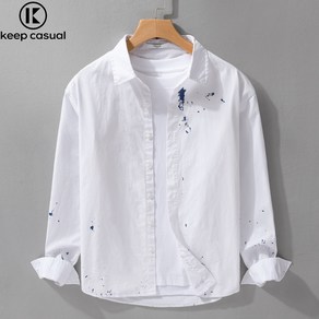 Keep casual 남성용 면 심플한 디자인 그래피티 긴팔 흰색 셔츠