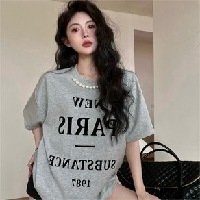 투니스 여성 레트로 레터 플로킹 프린트 반소매 티셔츠