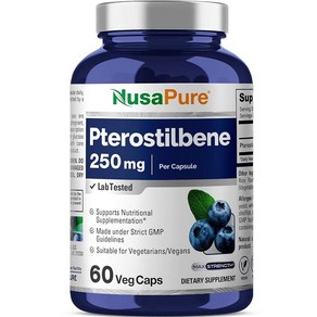 NusaPue Pteostilbene 식물성 캡슐 당 250mg 60개 (GMO 프리 비건), 60정, 1개