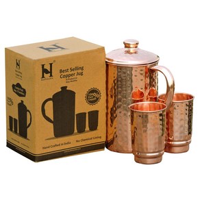 HealthGoodsIn - Pure Copper Hammered Water Jug wit HealthGoodsIn - 순수 구리 망치 물 주전자 망치 구리 텀블러 2개 포함 |