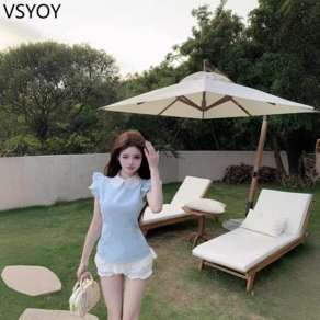 vsyoy 중공업 다이아몬드가 박힌 슬림 한 폴로 칼라 작은 비행 소매 셔츠 여성의 여름 달콤한 매운 슬림 세련된 블루 탑