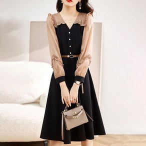 ROYALBELLE 여성 브이넥 패치워크 프릴 원피스 긴팔 러블리 플레어 미디 원피스 D0020606