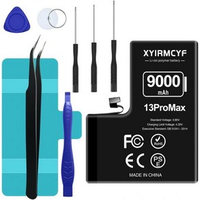 XYIRMCYF9000mAh 초용량 배터리 iPhone 13 Pro Max와 호환 0사이클 LiPolymer 교체 Max 전문 수리 도구 키트 포함