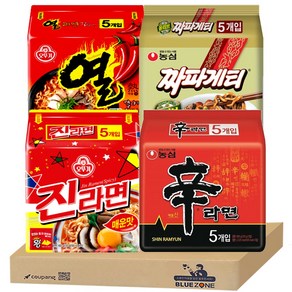 [블루존] 봉지라면 4종 (신라면5p + 진라면매운맛5P + 짜파게티 5p + 열라면5P) 세트 라면스프, 1세트