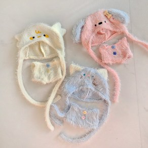 애니멀 니트모자 세트 인형옷 (10cm 15cm 모루인형 옷 그로밋 솜인형 의상 꾸미기), 아이보리