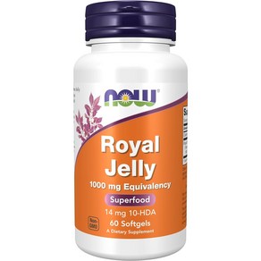 NOW Supplements Royal Jelly 1000 mg with 10-HDA (Hydoxy-D-Decenoic Acid) 60 Softgels, 60정, 1개