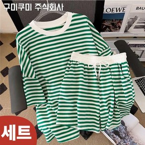 100kg까지 빅사이즈 날씬해보이는 완전 편한 스트라이프 시원한 반팔 티셔츠 반바지 투피스 여름 여성 루즈핏 배색 홈웨어 트레이닝복 3xl 4xl 데일리 티 밴딩 숏팬츠 세트