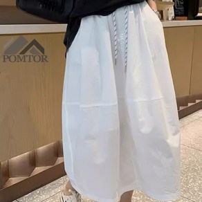 POMTOR 여성용 루즈핏 셔링코튼 밴딩 롱 스커트