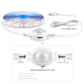 무선 PIR 모션 센서 USB LED 스트립 라이트 계단 복도 옷장용 자동 켜기/끄기 주방 야간 조명 1m 2m 3, 1개