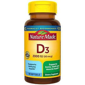 Natue Made Vitamin D3 2000 IU (50 mcg) Dietay S Natue Made 비타민 D3 2000 IU(50 mcg) 뼈 치아 근육 및 면, 90정, 1개