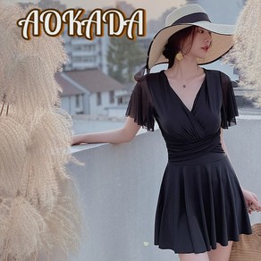 AOKADA 수영복 여자 원피스 스커트 배꼽 가림 날씬핏 온천 휴양지 원피스 2colos, 블랙, S