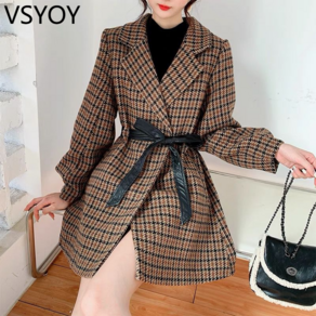 vsyoy Houndstooth Woolen Coat 2022 겨울 새 한국 스타일 루즈 레이스 업 허리 버블 슬리브 티코 코트 코트