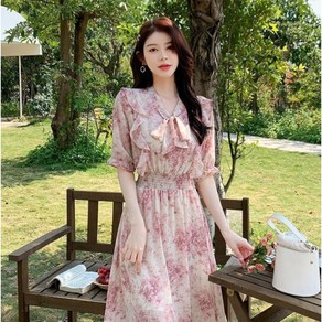 미중 여름 여성 뉴 감미로운 경숙 부드러운 플라워 허리조임 날씬 스퀘어넥 롱원피스 jjyy