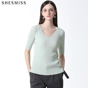 (SHESMISS)] 볼륨날씬핏 브이넥 골지 반팔 니트 (택가격 118000원)