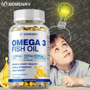 XEMENRY 자연산 오메가 3 피쉬 오일 - 4 080mg 고 EPA 1200mg DHA 900mg 레몬 맛 글루텐 프리, 1개, 60정