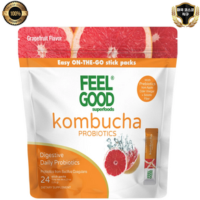 FeelGood Supefoods 콤부차 아이스티 패킷 맛있는 콤부차 파우더 탄산 음료 장 건강을 위한 프로바이오틱 보충제, 1개, 자몽, 24회분