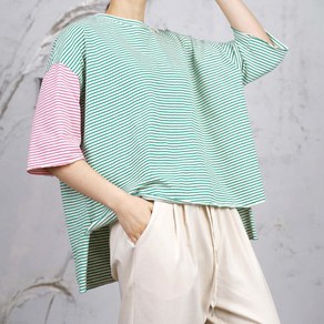 루고 삐삐컬러 스트라이프 코튼 데일리 라운드 박시핏 언발 여성 반팔 티셔츠