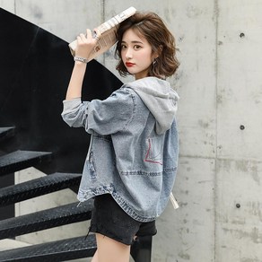 COBOTOR 여자 청자켓 봄 가을 오버핏 지퍼 후드 데님 자켓 무지 상의 women denim jacket JX0965