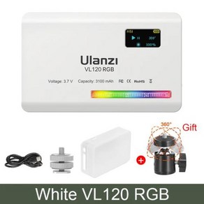 울란지 VL120 RGB LED 비디오 라이트 카메라 풀 컬러 충전식 3100mAh 디 밍이 가능 2500-9000K 패널 스튜, 03 White VL120RGB, 1개