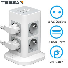 테산 수직 타워 멀티탭 전원 스트립 EUKR 표준 플러그 8 AC 콘센트 3 USB 충전 포트 스위치 ON/OFF 2M 연장 케이블 과부하 서지 보호 접지