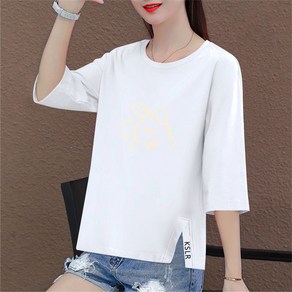 besteffie 여성 7부 티셔츠 라운드 토끼 프린팅 중년여성큰옷 할머니옷 빅사이즈 상의 반팔 티셔츠 E55