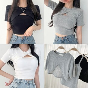 캐주얼SET[110까지/당일출발/자체제작]빅사이즈 크롭끈나시 볼레로 반팔티셔츠 세트(172)데일리 스판티 트임 여름 레이어드 언발나시 봄여름가을 간절기이너 국내제작