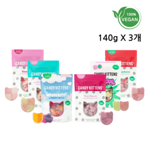 [스웨디시 젤리] CandyKittens 캔디키튼스 비건 젤리 140g 3종 대용량세트, 이튼메스(140g), 와일드스트로베리(140g), SHOX샥스(140g), 3개