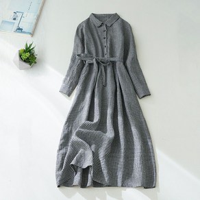 COBOTOR 여성 린넨 원피스 체크무늬 오버핏 a라인 캐주얼 여자 봄 가을 긴팔 롱원피스 2023 linen dress women XK0109