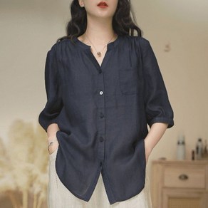 심플 면 마 단추 블라우스 순색 캐주얼 얇은 린넨 카디건 상의 봄여름 칠부 셔츠