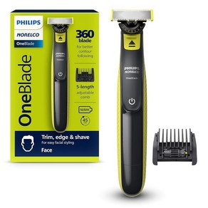 Philips Noelco OneBlade 360 페이스 하이브리드 전기 수염 트리머 및 면도기 5-in-1 페이스 스터블 빗 불만제로 포장 QP2724/90, OneBlade 360 Face, 1) 블랙  라임 그린 - OneBlade 360 Fa