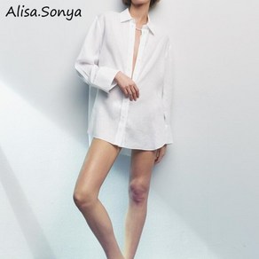 Alisa.Sonya 여성용 화이트 루즈핏 리넨 면 긴팔 캐주얼 셔츠