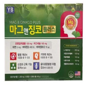 YB(와이비) 마그앤징코 플러스 은행잎 추출물 마그네슘 비타민D 1350mg, 3개, 60정