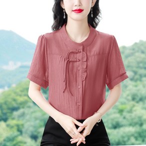 AOKADA 린넨 반팔 셔츠 블라우스 여성 셔령 프릴 면 마 여름 남방