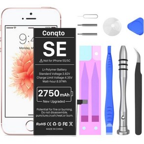 2750mAh 아이폰SE용 배터리 2016년 1세대 Conqto New 0 Cycle 대용량 교체 아이폰SE 모델 A1662 A1723 A1724 완전 전문 수리 도구 키트 포, 1개