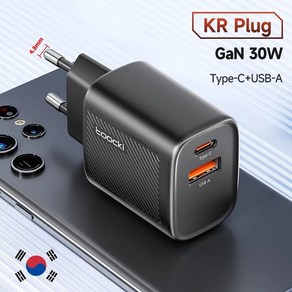 Toocki GaN USB 충전기 PD 30W C타입 고속 충전 충전기 15 14 프로 맥스 샤오미 호환 S23 미니 휴대폰, 2) KR Black, 1개