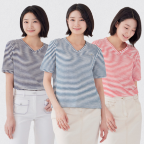 [지센] 여성 스트라이프 자수포인트 브이넥 반팔티셔츠(색상3) 면61% LCTSP471
