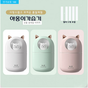 야옹이 가습기 애완 고양이 300ml 대용량 미니가습기 USB 무드등 필터 5개포함 KC인증 대량구매, 민트