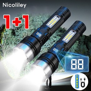 Nicoliley led 후레쉬 초강력 줌 써치라이트 충전식 휴대용 손전등 랜턴 1+1, 2개, 블랙