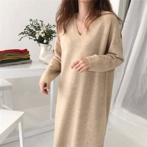 가을 겨울 데일리 여성 루즈핏 브이넥 롱 니트 원피스 롱원피스 니트원피스 봄원피스