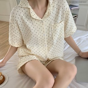 이너퀸 프리수 여성용 도트 땡땡이 여름 아사면 얇은 단추 카라 셔츠형 반팔 반바지 파자마 홈웨어 이지웨어 세트 반팔도트세트