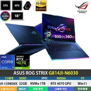 (당일발송) ASUS ROG STRIX G814JI-N6030 13세대 i9-13980HX/RTX4070/DDR5 32GB/NVMe 1TB/Win11Po/500nit/18인치, 그레이, 1TB, 32GB, WIN11 Po